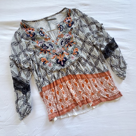 Anthropologie Terri Embroidered Peasant Boho Top Mixed Print Size Oversized - Picture 2 of 4
